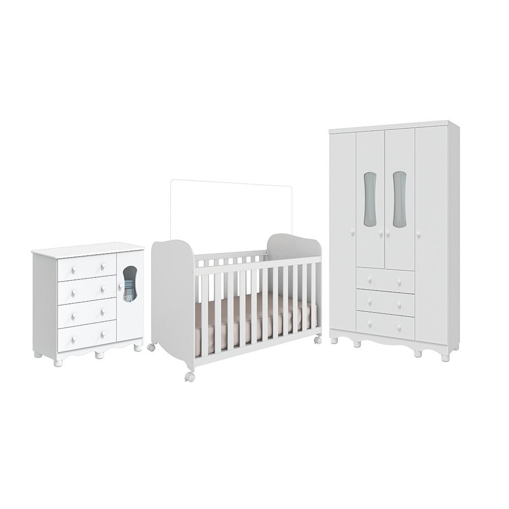 Quarto de Bebê Guarda-Roupa 4 Portas Cômoda e Berço 100% MDF Lana Espresso Móveis Branco Brilho Branco/Brilho · foto 2
