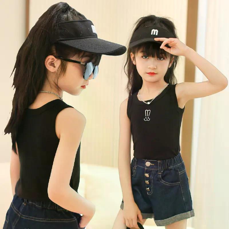 Novo estilo meninas camisola coreano curto camiseta médio grande crianças sem mangas topo masculino feminino bebê dança 