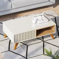 Mesa de Centro Retangular 1 Nicho Pés em Madeira Maciça Jeri Móveis Branco Off White/Freijó