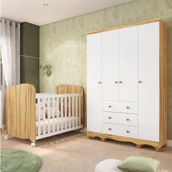 Quarto de Bebê Berço e Guarda-Roupa 4 Portas Mimo 100% MDF Espresso Móveis Branco Brilho/Amêndoa Branco
