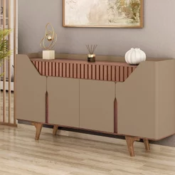 Aparador Buffet Portas em MDF Ripado Real Pés de Madeira Maciça Danúbio Marrom/Fendi/Freijó