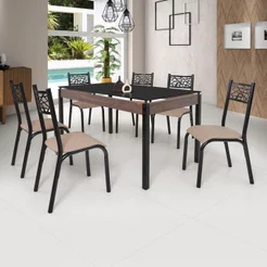 Conjunto Sala de Jantar Mesa Jade 140x80cm Tampo Vidro com 6 Cadeiras Bege/Preto/Linho Preto/Linho Bege
