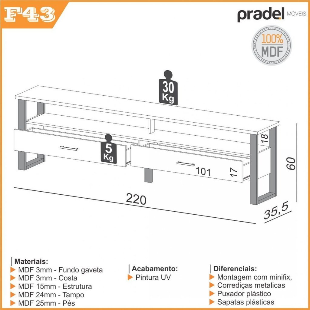 Rack para TV até 60 Polegadas 100% MDF 220cm Prateleiras e 2 Gavetas Marrom Freijó/Preto · foto 2