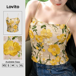 Lovito Top Boho Jacquard Estilo Resort com Textura para Primavera/verão Amarelo para mulheres TKK9P2D501