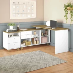 Escrivaninha em L Retrô Mesa Escritório Gold com Gaveteiro 1 Gaveta Branco Artany