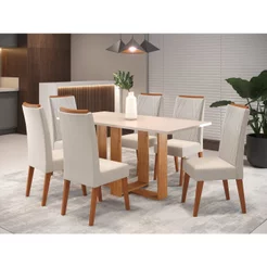 Mesa de Jantar Retangular Kavic com 6 Cadeiras Madeira Maciça Vegas Yescasa Bege/Mel/Blonde/Marfim Marfim/Mel