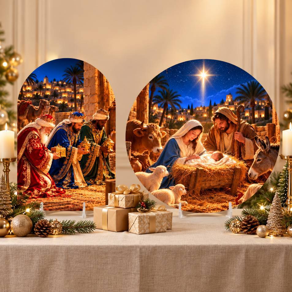 Kit 2 Capas Mini Painel De Mesa de Natal Redondo e Romano Decoração Natalina Festa Natal Enfeite Mesa Sublimado