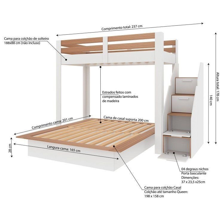 Beliche Family Adulto com Cama Casal Star Plus Casatema MadeiraOriginals Branco/Amadeirado Montana · foto 2