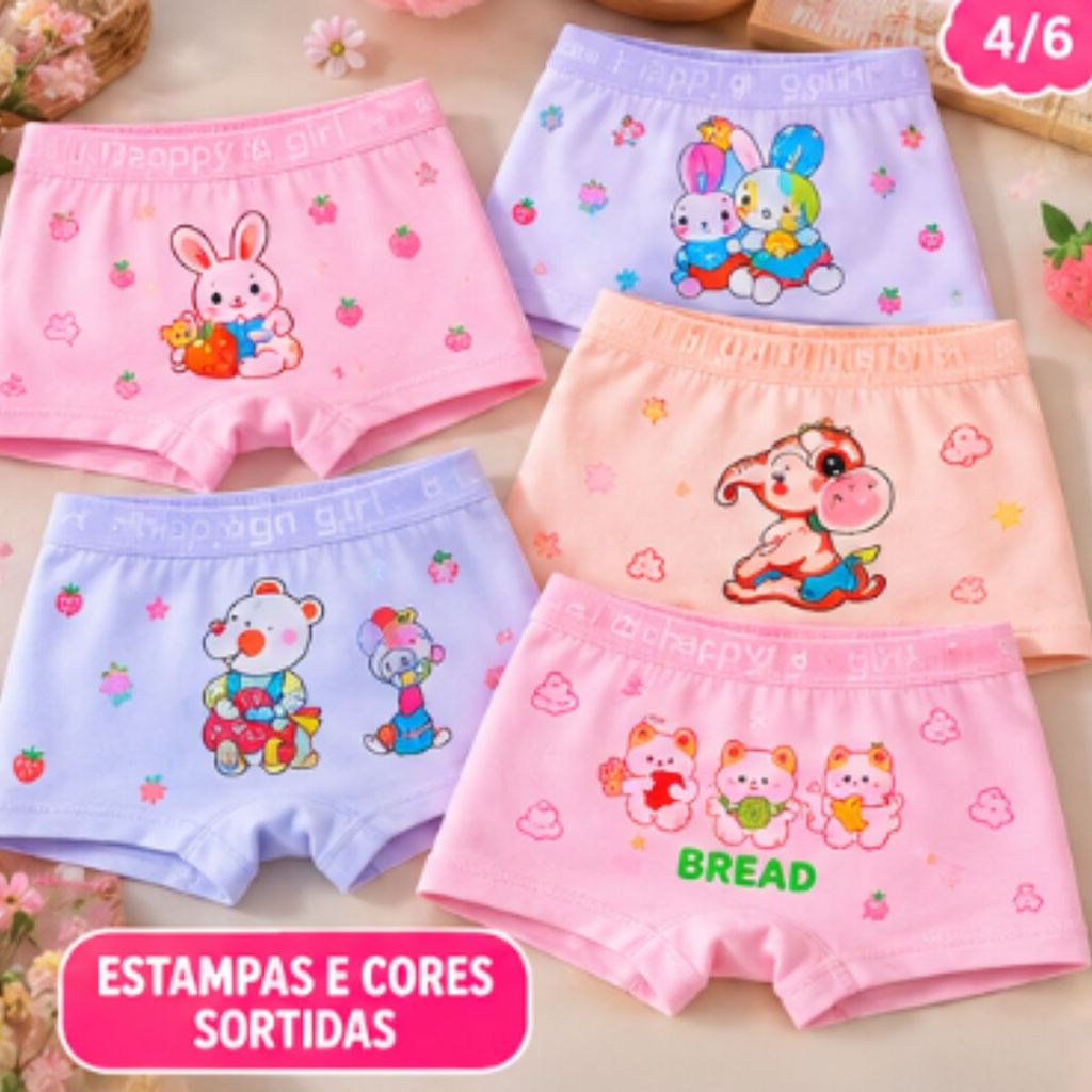 Kit 5 Calcinhas Boxer Infantil Feminina Shortinho Menina Estampadas Cores Sortidas Cós Elástico Confortável