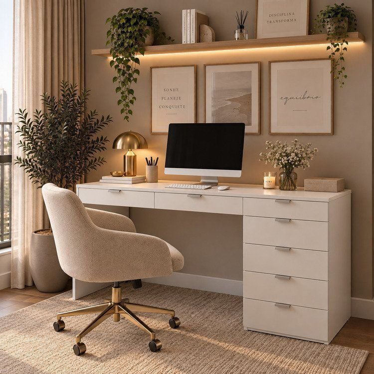 Escrivaninha Mesa Escritório Columbus 7 Gavetas 120cm Yescasa Branco Branco