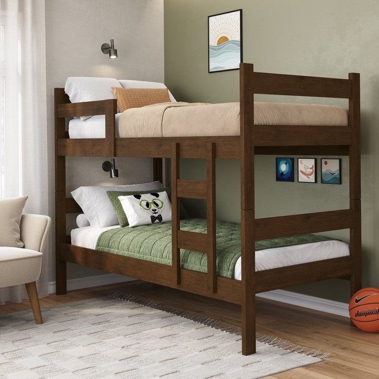 Beliche Solteiro com Escada e Proteção Antiquedas 100% MDF Prisma Plus Amadeirado Marrom Amadeirado