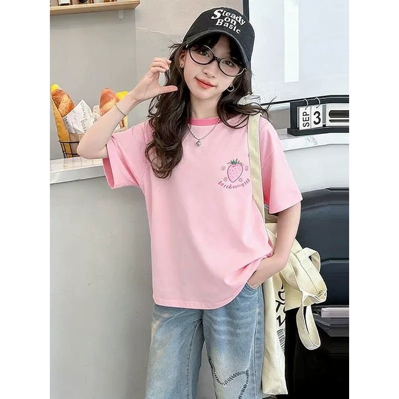 Moda americano rosa meninas puro algodão manga curta camiseta 2026 verão estilo ocidental meninas médio grande crianças 