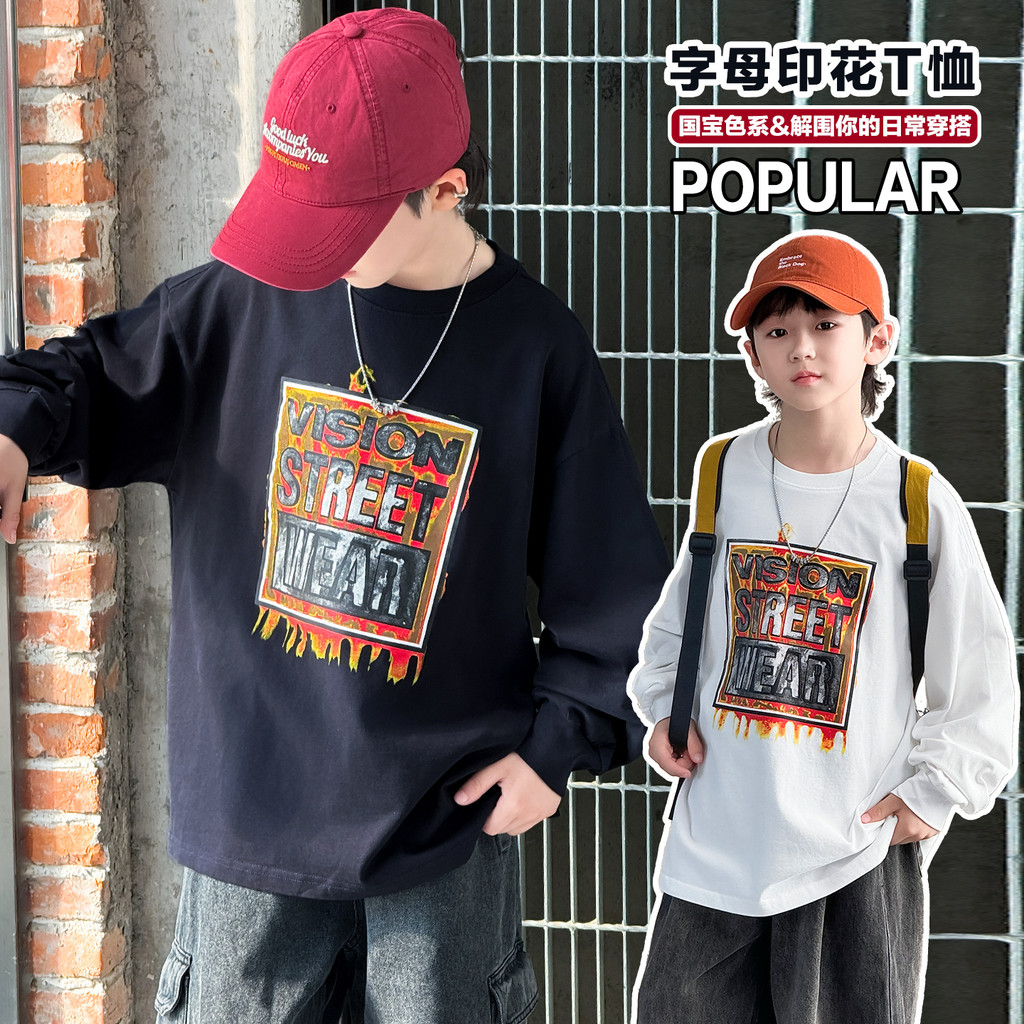 Crianças Casual carta impressa de manga comprida puro algodão camiseta meninos meninas solto em torno do pescoço médio g