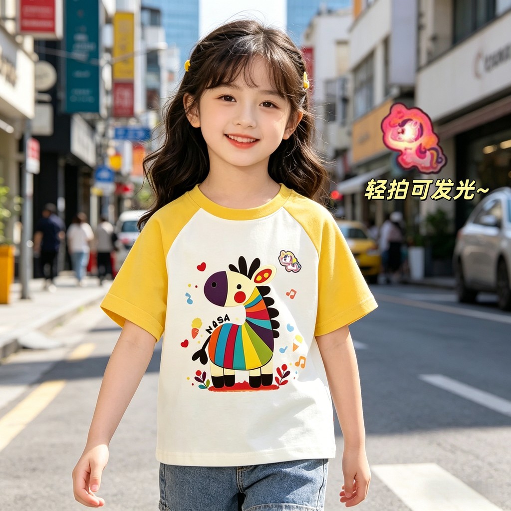 Meninas puro algodão de manga curta camiseta 2026 verão novo estilo crianças pônei topo menina verão cor-bloqueando Base