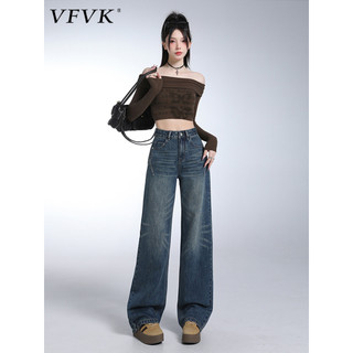 Vfvk Retro azul fogos de artifício padrão pequenos Jeans feminino 2026 outono novo estilo cintura alta em linha reta mai