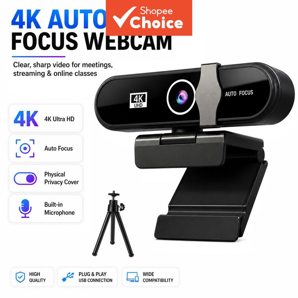 Webcam Ultra 4K HD Com Microfone , Cancelamento De Ruído , Obturador De Privacidade , Tripé , Lente Grande Angular E Cor