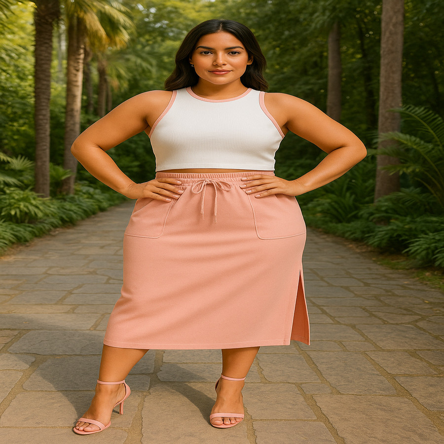 Conjunto Matriz Fashion Saia Midi com Fenda Sexy + Cropped Ribana Lançamento Super Tendência 2025