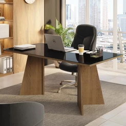 Mesa para Escritório Diretor Presidente 180cm Tampo de Vidro Rustic/Preto 5388 Madesa
