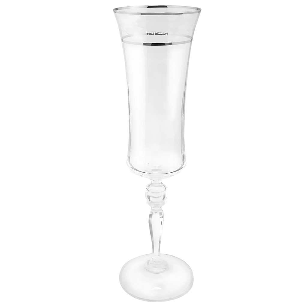 Taça Champanhe Espumante 300ml Grace Cristal Friso Platino Borda Prata Luxo
