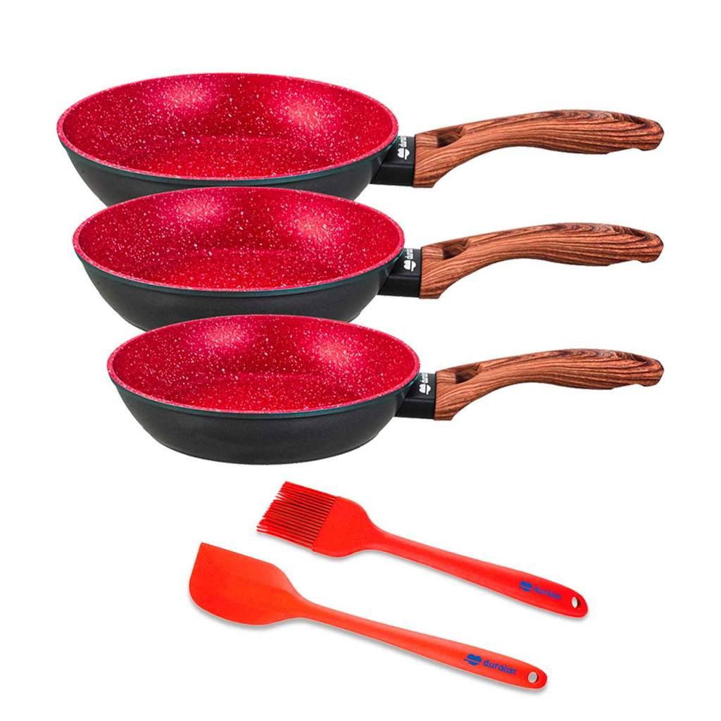 Jogo Frigideiras 5 Peças Espátula Pincel Vermelho Duralar