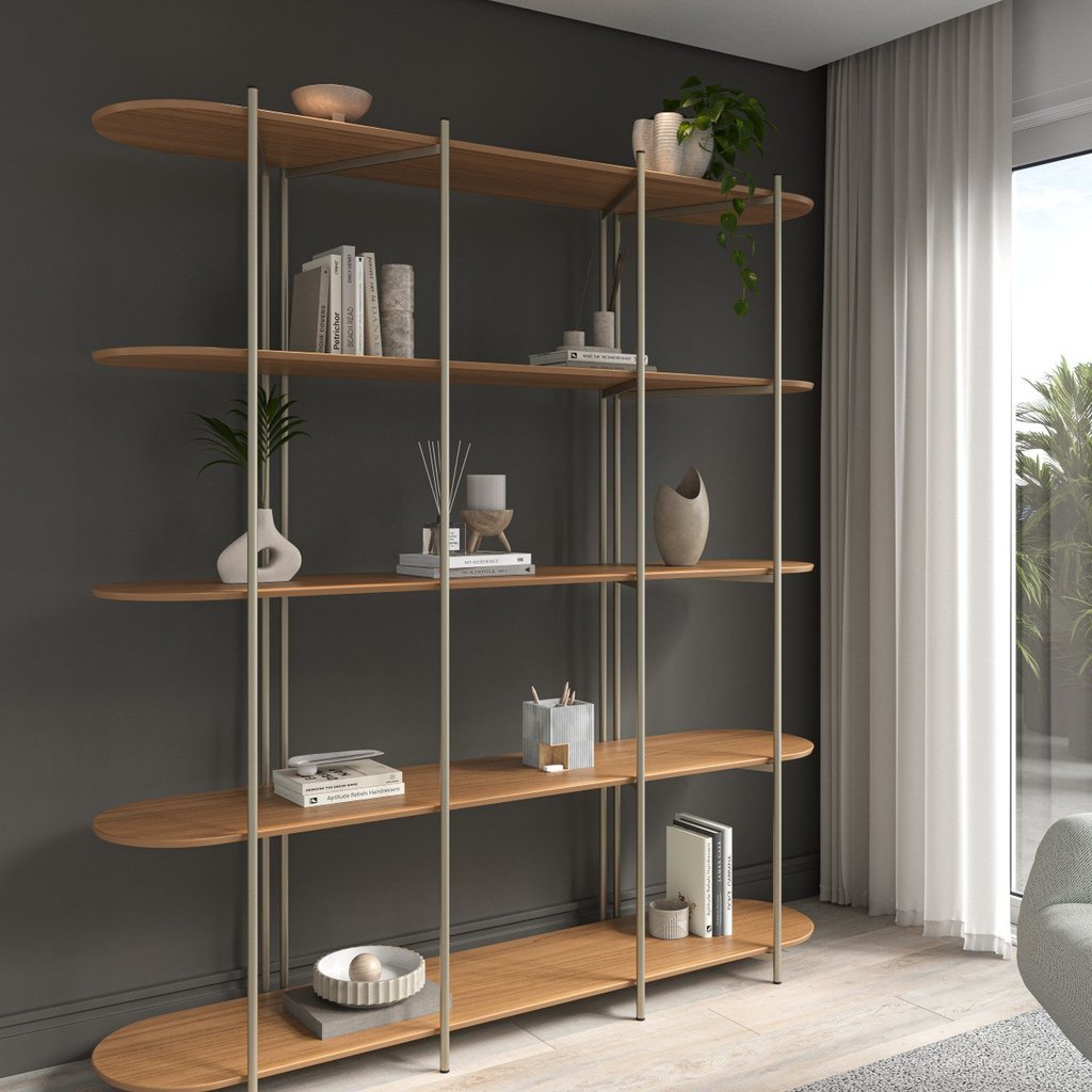 Estante Multiuso Livreiro Orgânica Industrial Enya 195,8cmx180cm  Canela/Champanhe em Oferta na Shopee