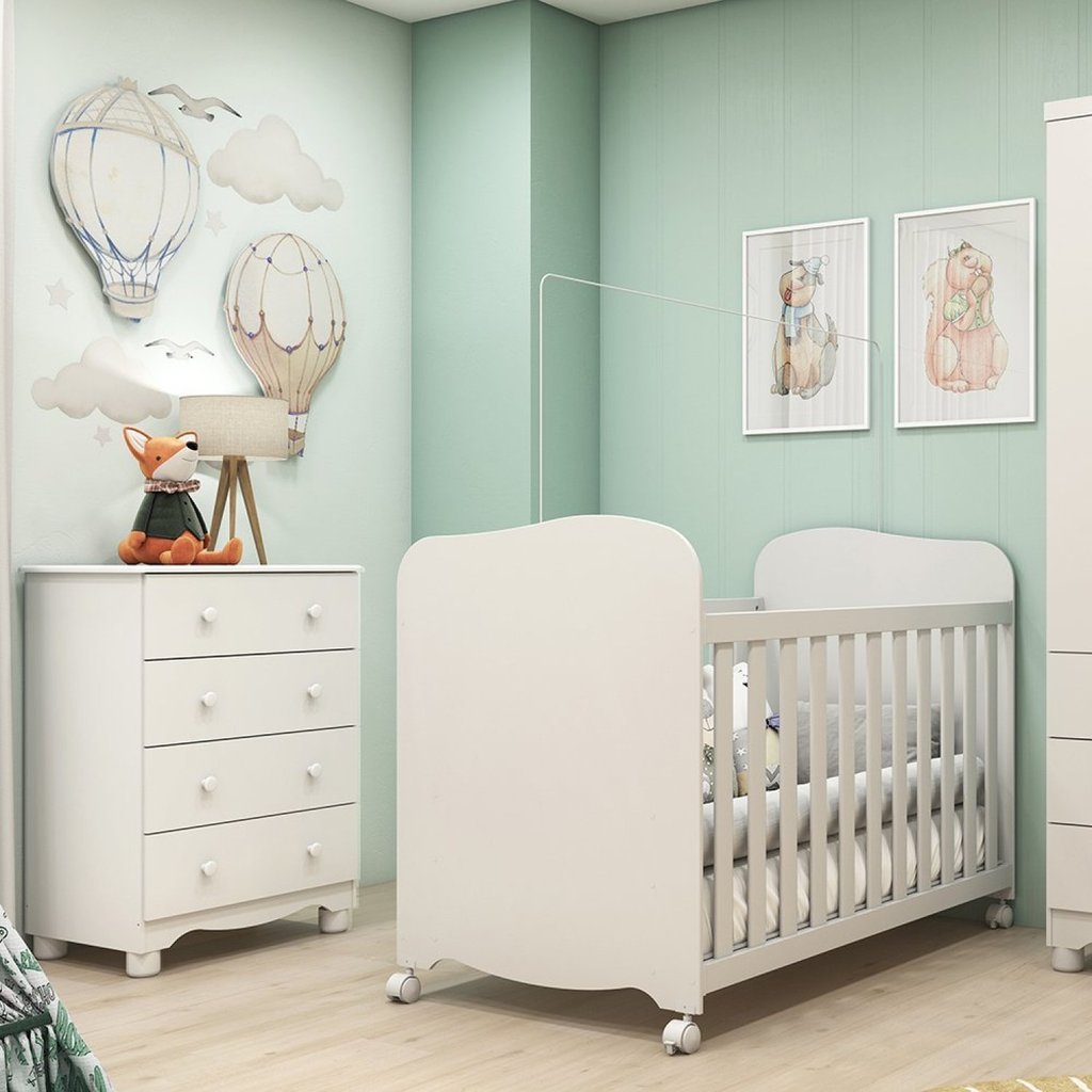 Quarto de Bebê Cômoda 4 Gavetas e Berço com Rodizio Mimo 100% Mdf Espresso Móveis Branco Brilho