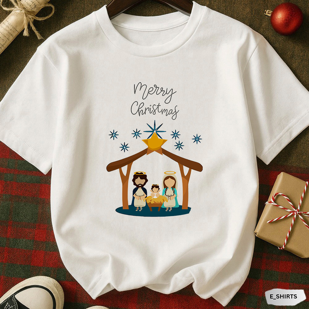 Camiseta Basica Unissex Merry Christmas | Estampa Sagrada Família com Presépio e Estrela de Belém