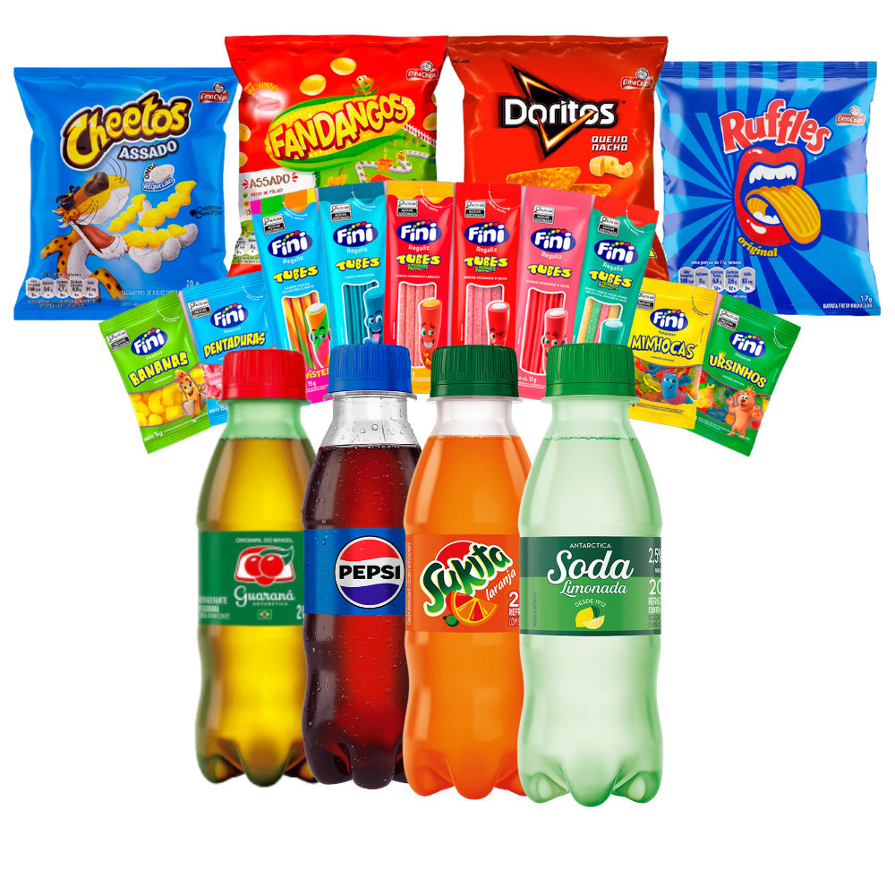 Kit Festa 30 Salgadinho Elma Chips + 30 Refrigerantes 200ml + 30 Finis em Oferta na Shopee