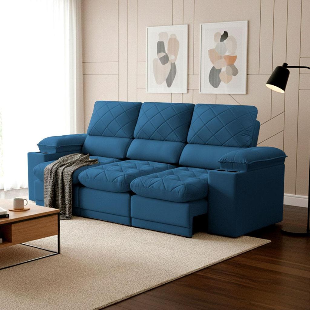 Sofá Veneza 2,40m Retrátil Reclinável Azul USB e Porta Copos - King House em Oferta na Shopee