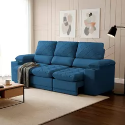 Sofá Veneza 2,40m Retrátil Reclinável Azul USB e Porta Copos - King House