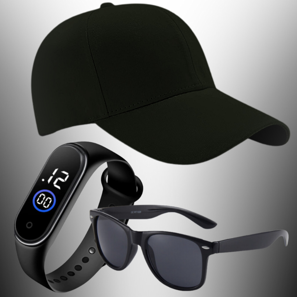 Boné Minimalista Criança + Relógio Digital Led + Óculos de Sol Proteção Uv400+ Infantil Verão Moda Para Presente 