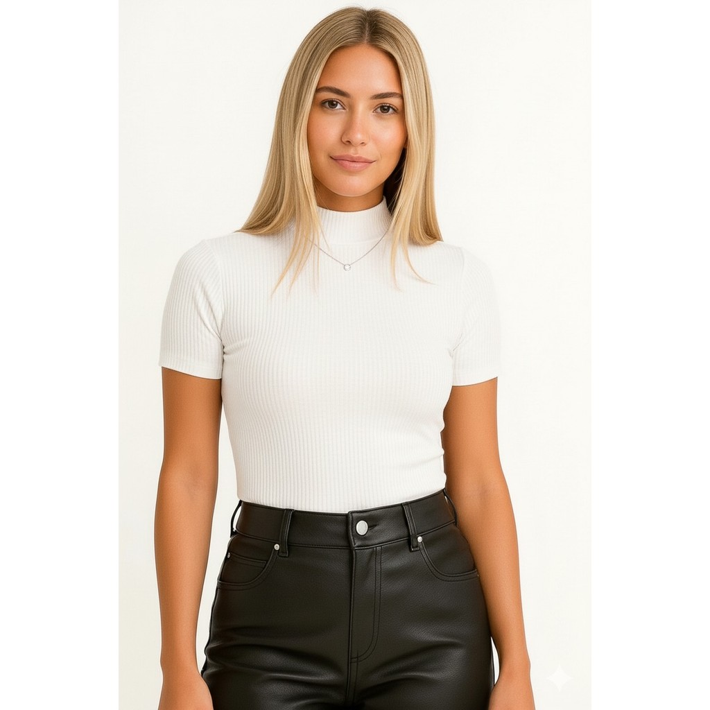 blusa feminina canelada elastano gola alta manga curta lançamento