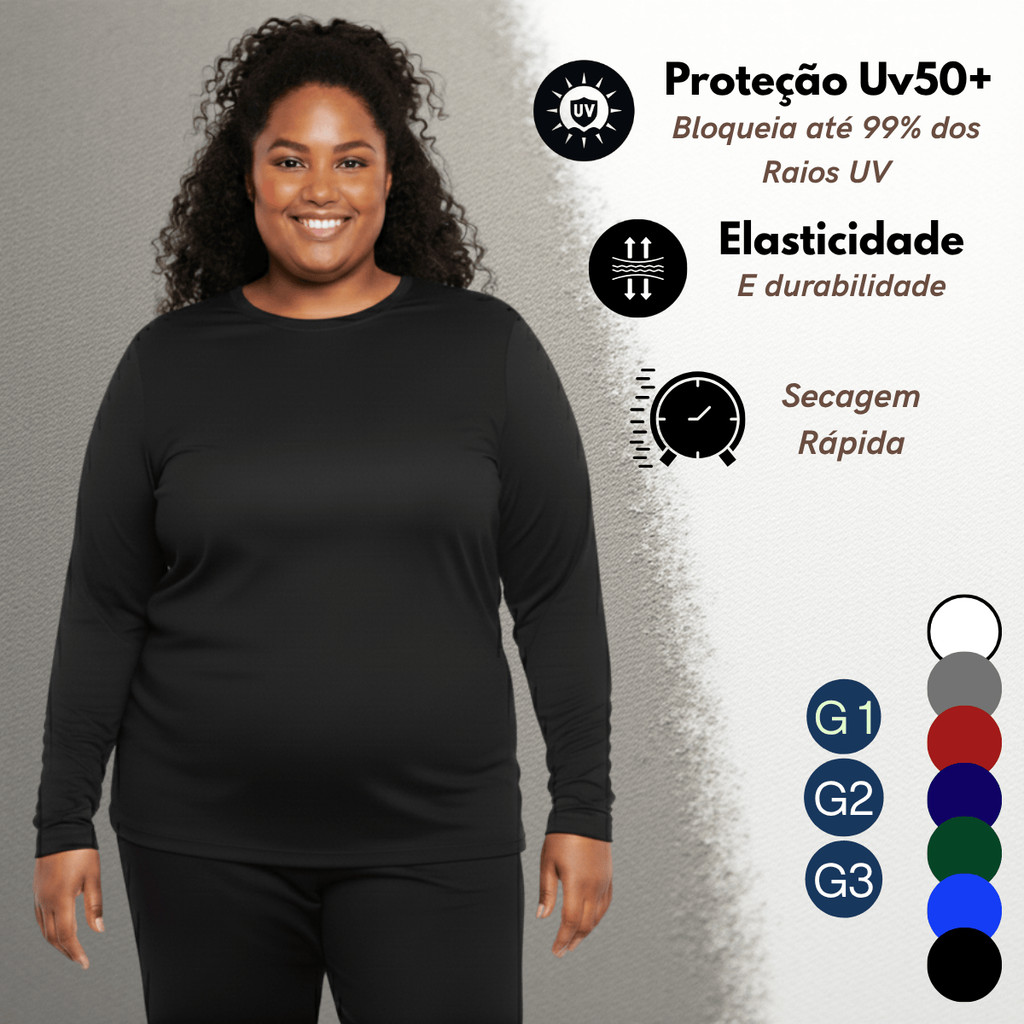 Camisa Térmica Feminina Plus Size Manga Longa Proteção UV 50+ Frio e Calor Esportiva Segunda Pele Alta Elasticidade