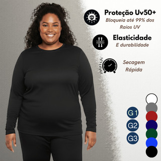 Camisa Térmica Feminina Plus Size Manga Longa Proteção UV 50+ Frio e Calor Esportiva Segunda Pele Alta Elasticidade