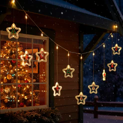 Enfeite Natalino Cascata Estrela LED Luz Branco Quente Natal Decoração BIVOLT