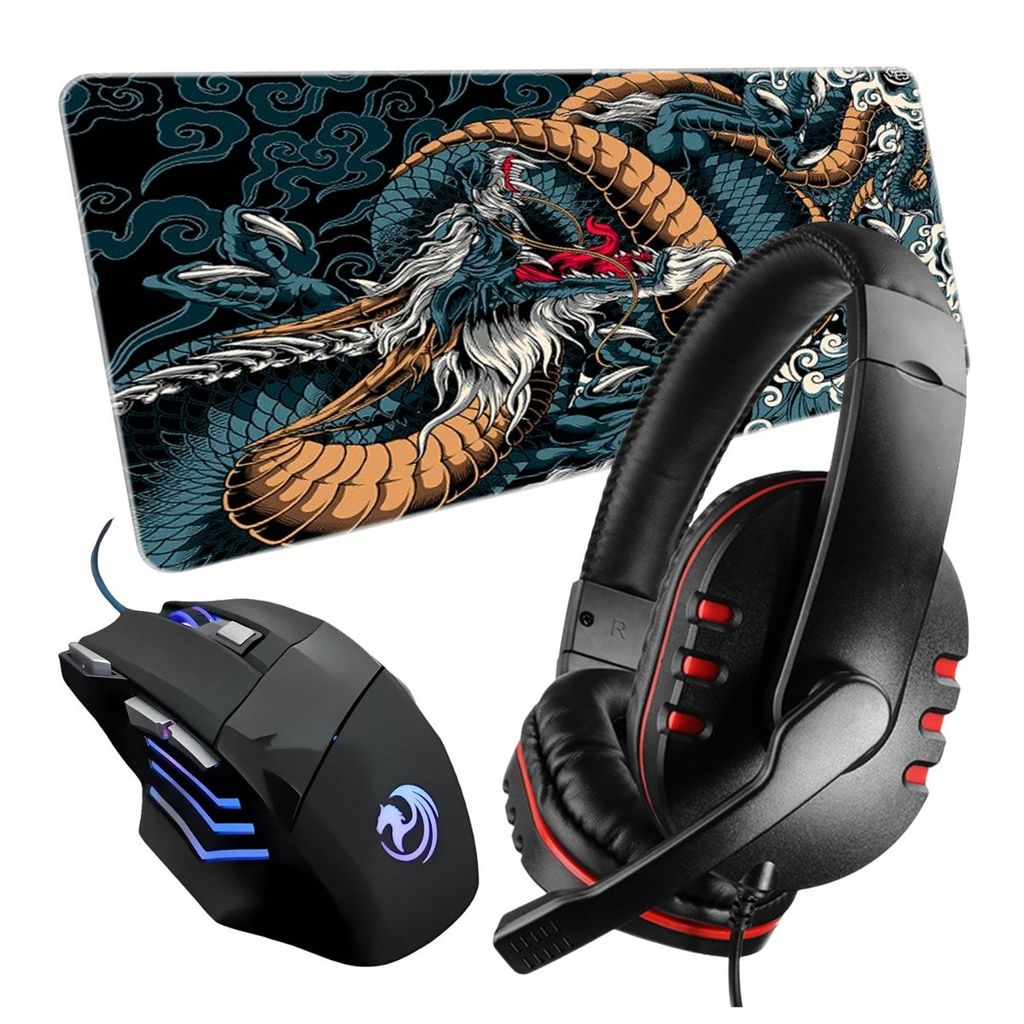 Kit Gamer Mouse led 3200dpi Headset Mousepad Grande XXL 70x35