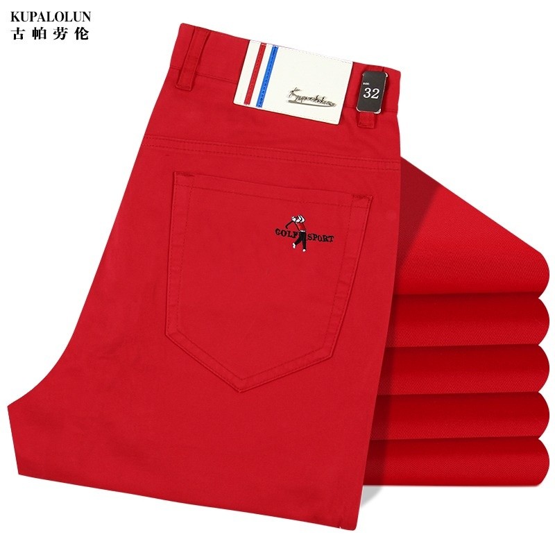 Genuíno Benming ano vermelho calças casuais masculinas em linha reta solta ligeiramente elástica cor sólida negócios cas