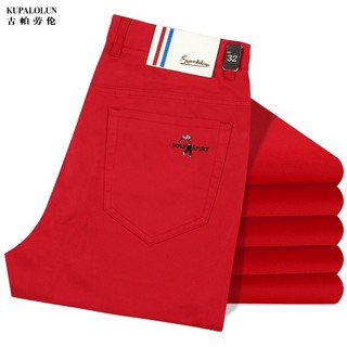 Genuíno Benming ano vermelho calças casuais masculinas em linha reta solta ligeiramente elástica cor sólida negócios cas