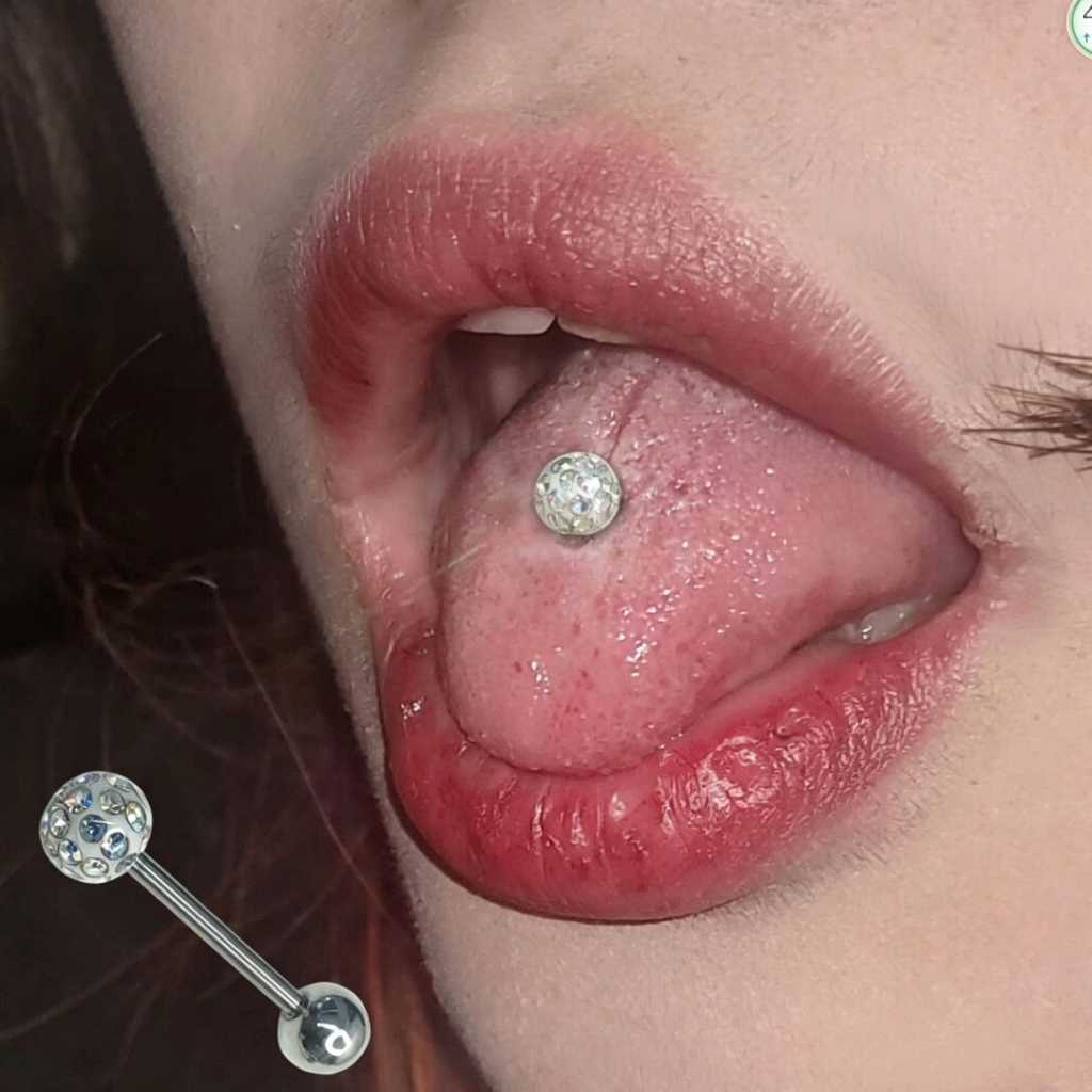 1 Peça Piercing de Língua Formato Bolinha Decorado Strass Brilhante Cor Prata