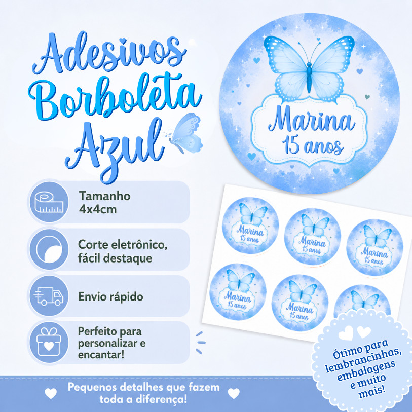 Adesivo Personalizado Borboleta Azul 4cm | Lembrancinha | Festa Infantil | Aniversário