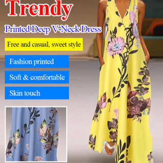 Vestido elegante em linha A, estilo europeu e americano, com estampa floral e decote em V profundo.