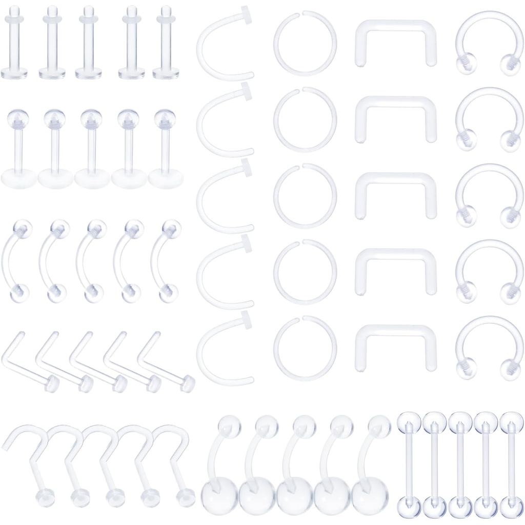 Conjunto de Joias para Piercing Yolev 55 Peças em Acrílico Transparente: Piercings de Nariz, Argolas de Nariz, Anéis de 