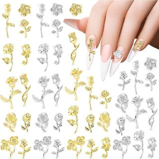 HINZIC 44 Peças de Enfeites para Unhas em Forma de Rosas Douradas 3D Vintage, Flores para Unhas, Joias de Unhas em Metal