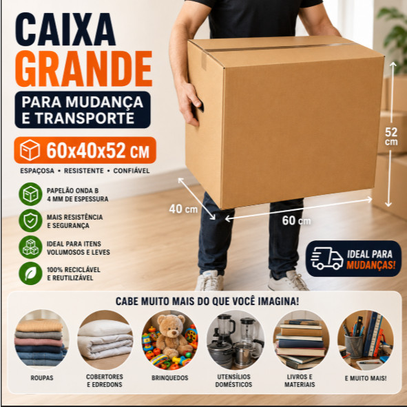 Caixa Grande 60x40x52 CM Transporte Mudança Resistente