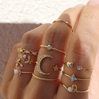 Conjunto de anel estilo 10 peças conjunto lua estrela folha coração strass conjunto anel conjunto atacado