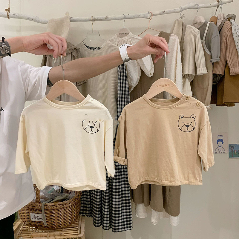 Ins versão coreana primavera outono masculino feminino bebê manga comprida camiseta passagem urso
