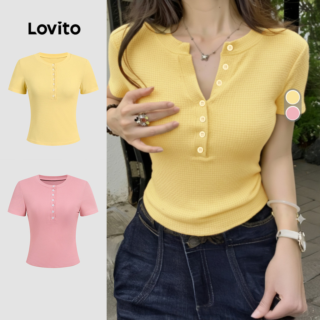 Lovito Fecho Frontal Casual Camiseta Clássica e Versátil Frente Abotoada Primave