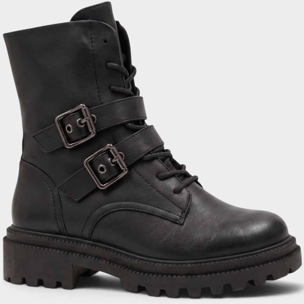 Bota Coturno Ramarim Fivela Tratorada Cano Médio Feminina - Preto
