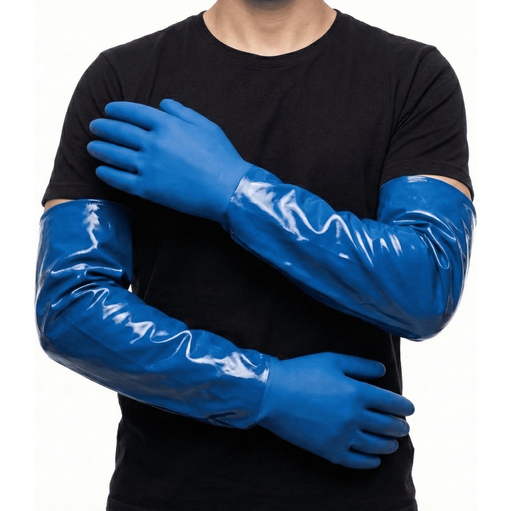 Luva Pvc Cano Longo Proteção Quimica C/ Forro Punho 66cm Azul 9 G Resistente Esgoto Epi Limpeza
