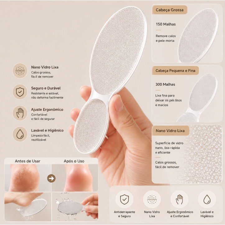 Removedor de Calos Nano Vidro Lixa para Pés Esfoliante Pedicure Dupla Face